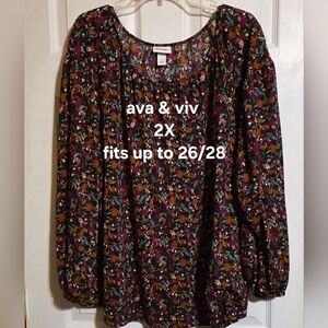 Ava & Viv Black Floral Peasant Top with Multicolor Blooms